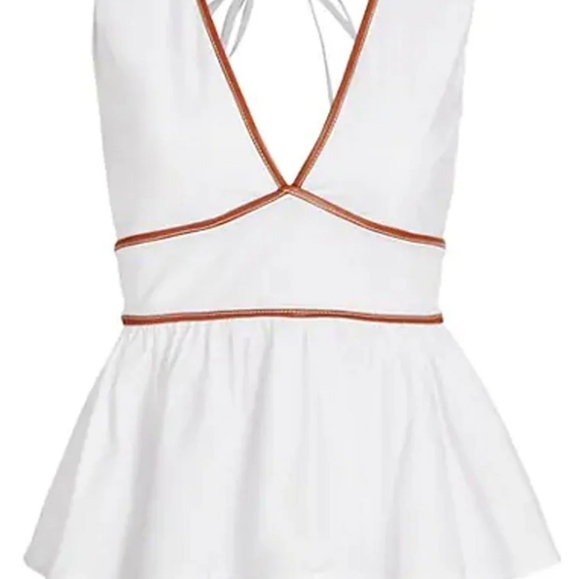 Staud Trent Peplum Top, Size 12 - WhiteFaux-leather piping out - Picture 5 of 8